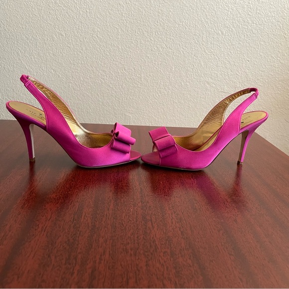 Kate Spade fuchsia satin sling back heels with bow - Picture 3 of 7